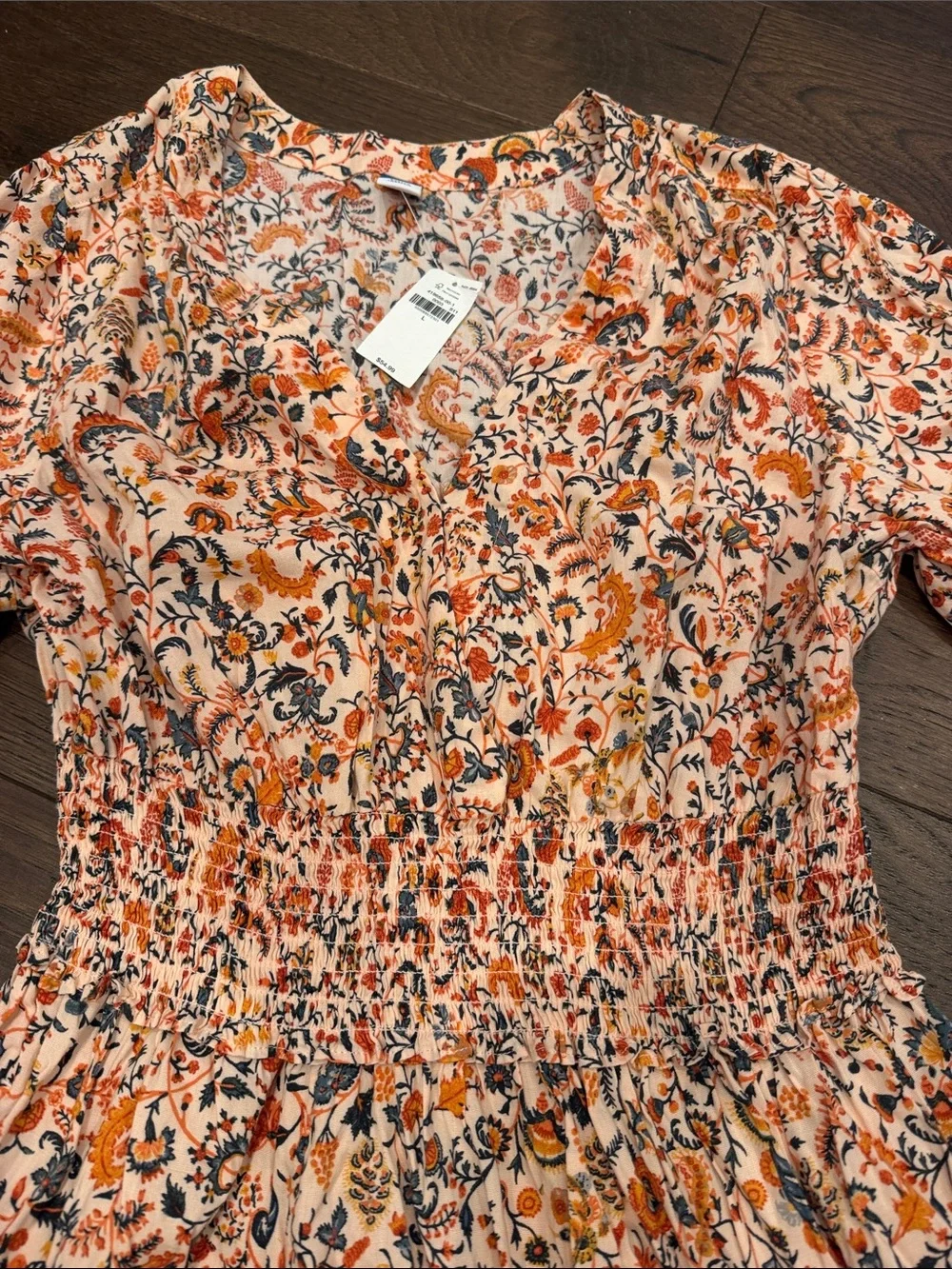 Old Navy Puff Sleeve Waist Defined Floral Smocked Midi Dress Large NWT - C60-009 - Picture 5 of 9